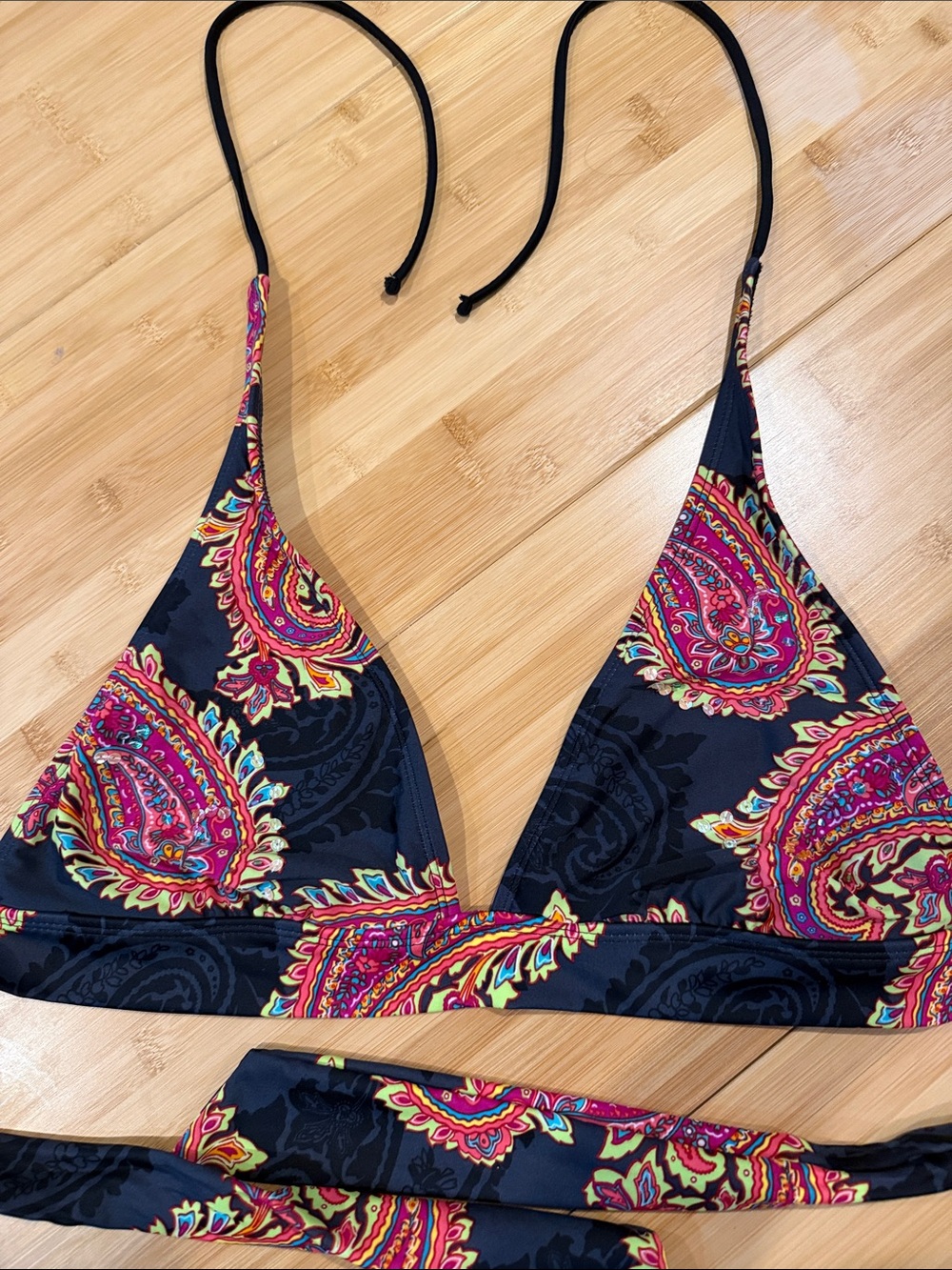 Women's Black Paisley Triangle Bikini Top - Pink & Yellow Accents